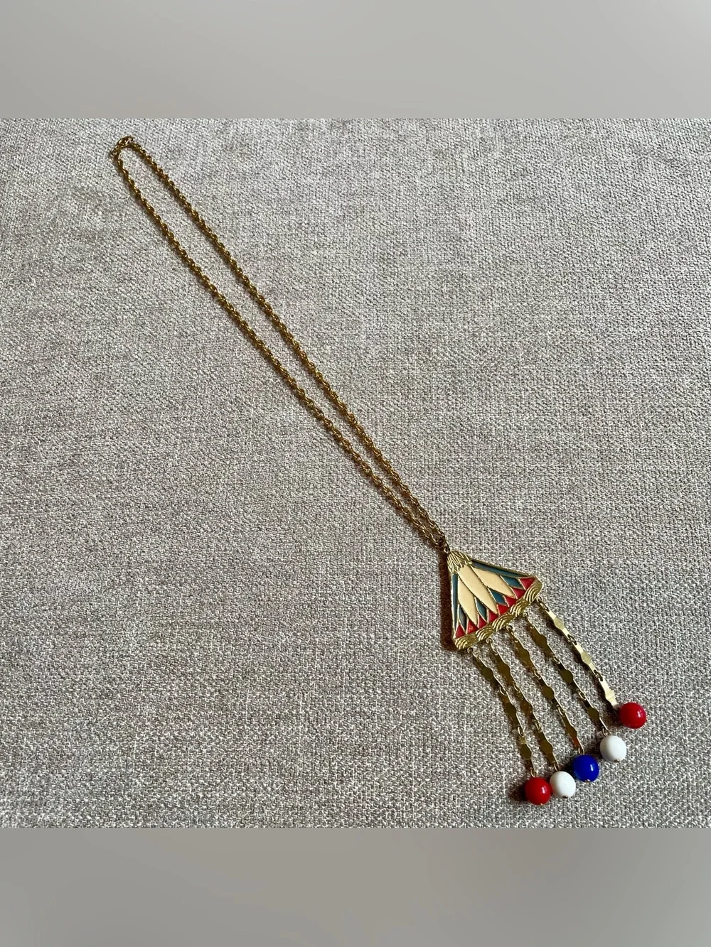 Vintage 1976 Bicentennial Gold Tone Red White Blue Statement Pendant Necklace